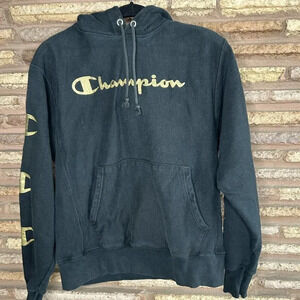 Champion Vintage Black Reverse Weave Hoodie Sweatshirt Size Medium